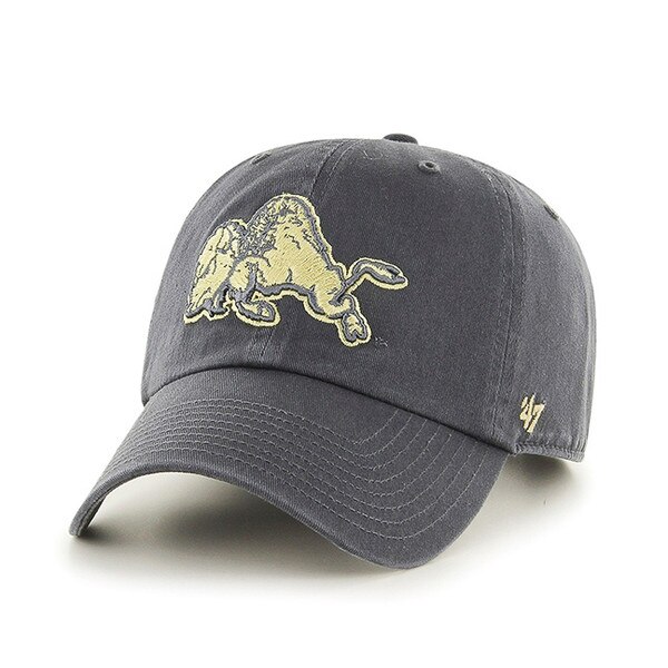 Dark grey hat with embroidered vintage running buffalo logo in vegas gold.