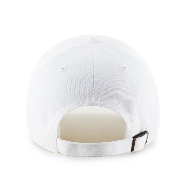 Back of white hat with metal adjustable buckle.