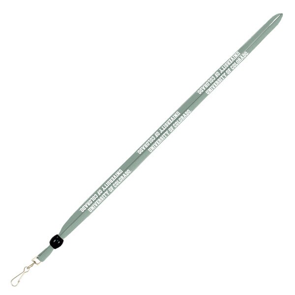 Green lanyard with repeating white "University of Colorado" text and a black sliding bead above a metal clip.