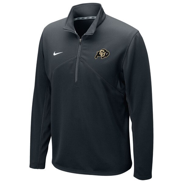 A men's black Nike dri-fit training quarter zip pullover with embroidered C.U buffalo logo.