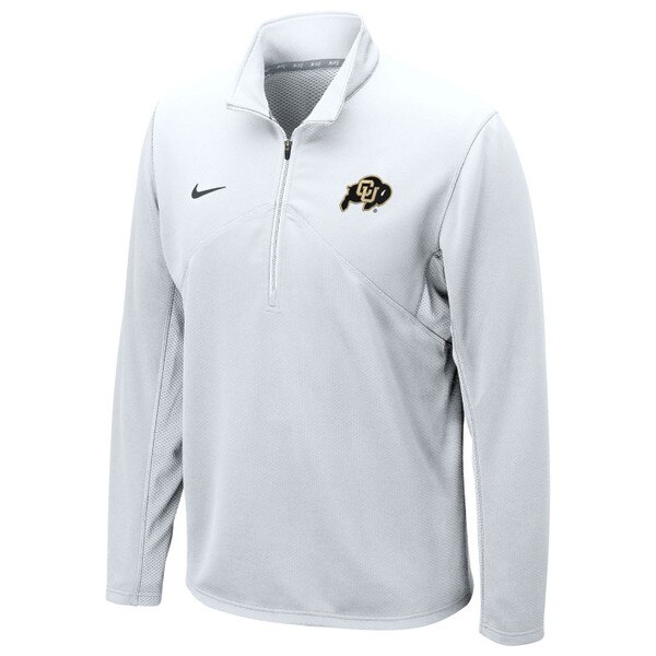 A men's white Nike dri-fit training quarter zip pullover with embroidered C.U buffalo logo.