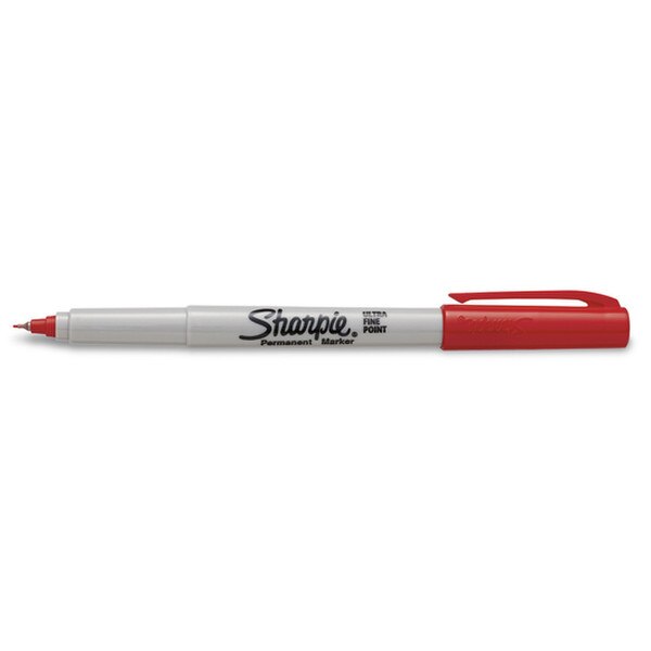 Sharpie ultra fine point permanent marker with red cap and ink.