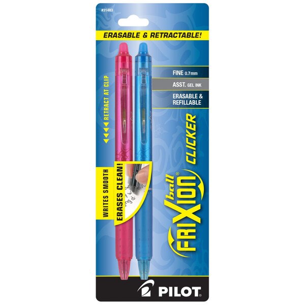 Two-pack of Pilot FriXion Clicker 0.7mm gel pens in pink and blue with retractable, erasable ink, in retail packaging.