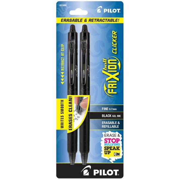 Two-pack of Pilot FriXion Clicker 0.7mm black gel pens with erasable ink, in retail packaging with anti-bullying message.