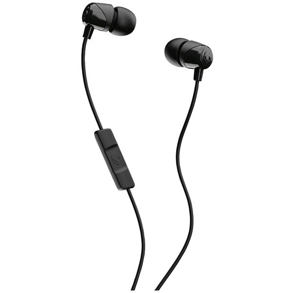A black pair of wired earbuds with microphone. Also includes Skullcandy logo on earbuds and microphone.