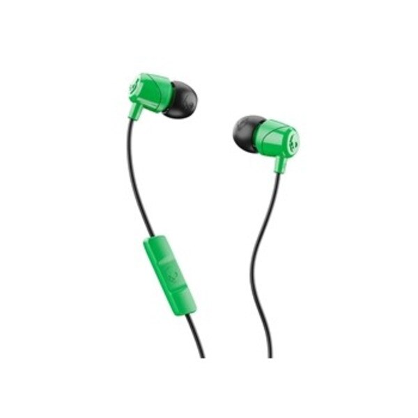A green pair of wired earbuds with microphone. Also includes Skullcandy logo on earbuds and microphone.