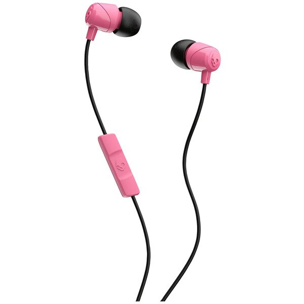 A pink pair of wired earbuds with microphone. Also includes Skullcandy logo on earbuds and microphone.