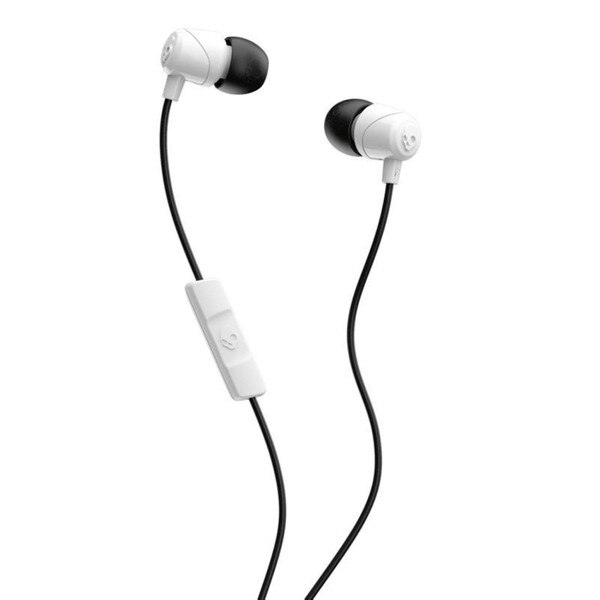 A white pair of wired earbuds with the Skullcandy logo on the ears and the microphone.