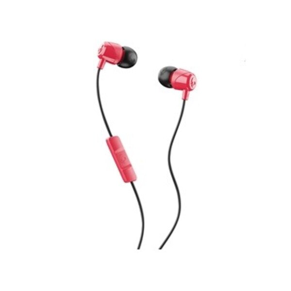 A red pair of wired earbuds with microphone. Also includes Skullcandy logo on earbuds and microphone.