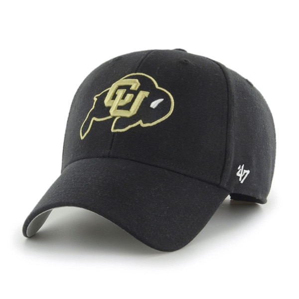Black curved-bill cap with embroidered CU Buffaloes logo on the front and white '47 brand logo stitched on the side.