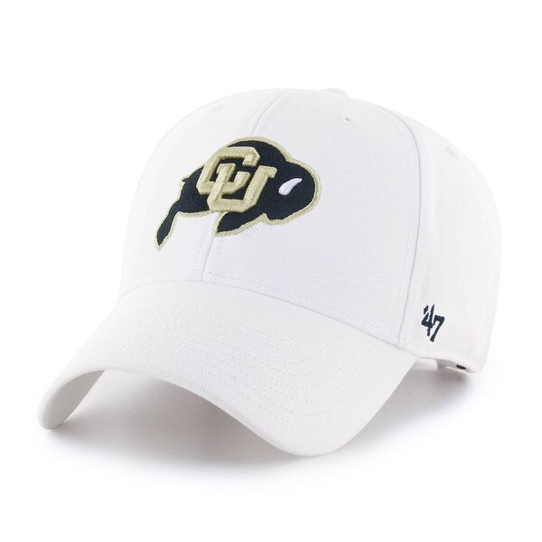 White curved-bill cap with CU Buffaloes logo embroidered on the front and navy '47 brand logo on the left side.