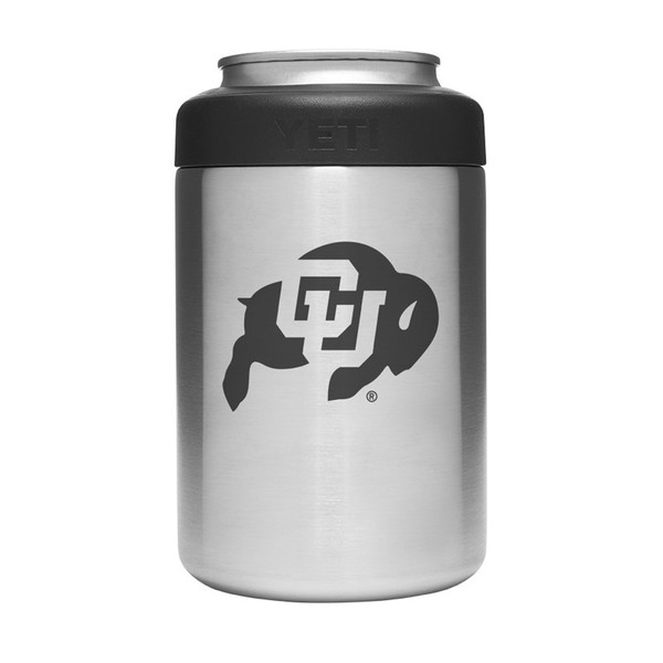 A steel Yeti can cooler with the Colorado Buffaloes logo in black on the front.