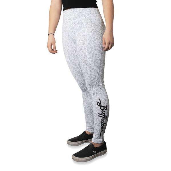 Gray leggings with "Buffaloes" printed in script along the bottom of the right leg.