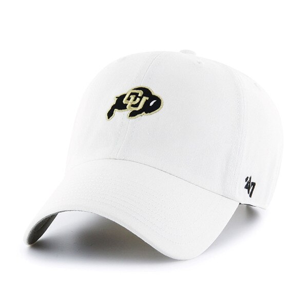 White '47 Brand hat with a black and gold embroidered CU Buffalo logo on the front and a black '47 logo stitched on the left side.