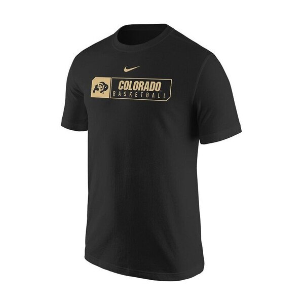 A black t-shirt with "Colorado Basketball" written on the front in Vegas Gold lettering, next to a C-U Buffalo logo, and a Nike Swoosh above.