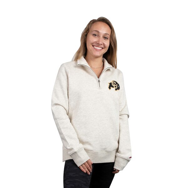 Manilla colored quarter zip jacket with CU Buffalo logo on left chest.
