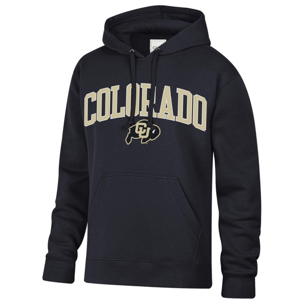 A black hoodie featuring arched vegas gold Colorado lettering and a CU Buffalo logo, with a drawstring hood and a large kanga pocket.