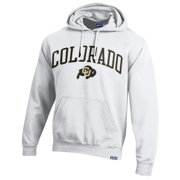A white hoodie featuring arched black Colorado lettering and a C-U Buffalo logo, with a drawstring hood and a large kanga pocket.