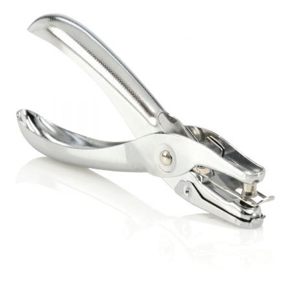 A silver metal single hole puncher.