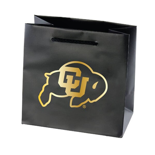 A small sized black gift bag with the CU Buffalo logo printed in gold on the side.