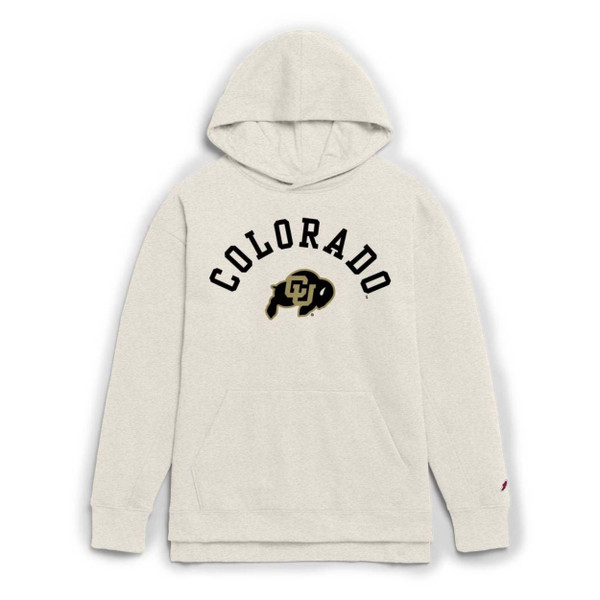 A light gray hoodie with a drawstring hood and large kanga pocket, featuring black arched Colorado lettering and a C-U buffalo logo underneath.