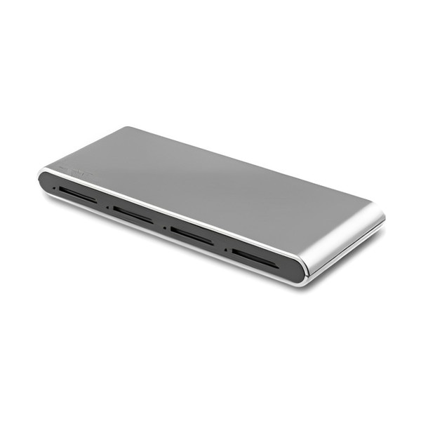 Silver multi-slot memory card reader hub with five card slots on front panel