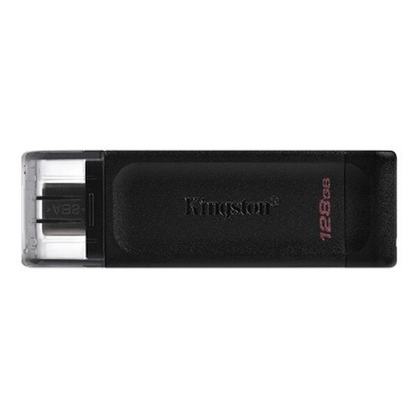 A black flash drive with "Kingston" written across it that holds one-hundred-twenty-eight gigabytes.