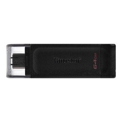 A black USB-C flash drive that says "Kingston" and stores sixty-four gigabytes.