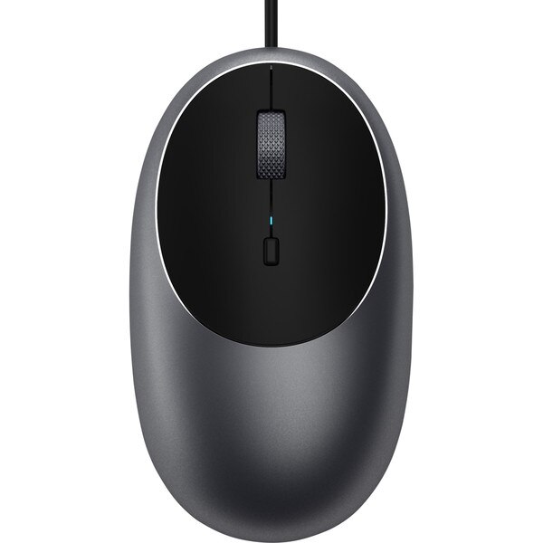 A black computer mouse with a U-S-B-C cable connector.
