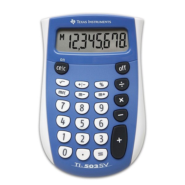 A blue Texas Instruments pocket calculator for quick calculations on the go.