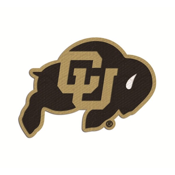 4 inch iron on patch of the CU Buffalo logo in vegas gold and black.