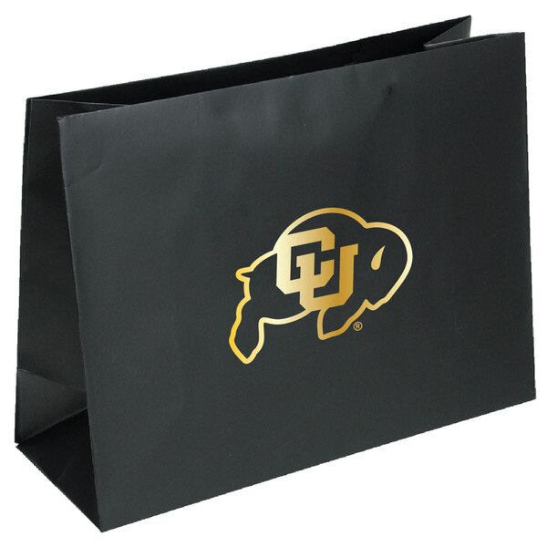 A large black gift bag with a gold C-U Buffalo logo on the front.