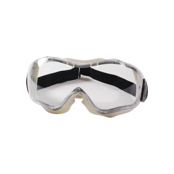 This is a pair of white and silver laboratory goggles. There is a black adjustable strap to adjust them to the face.
