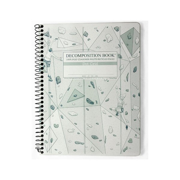 This is a Decomposition branded spiral bound composition book. The text on the cover is Teal. The cover is teal an has two people climbing an intricate climbing wall that covers the entire cover.