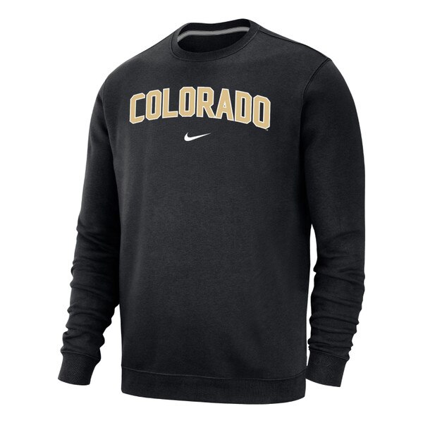 A black crewneck with Colorado in Vegas Gold lettering and a Nike swoosh underneath.
