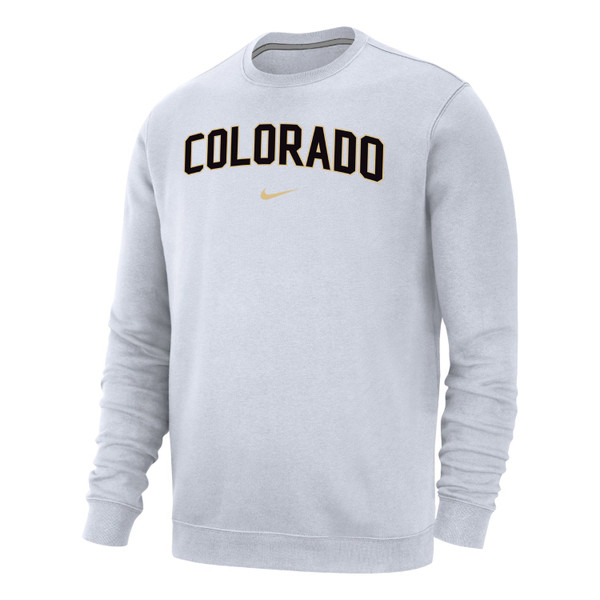 A white crewneck with Colorado in black lettering and a Nike swoosh underneath.