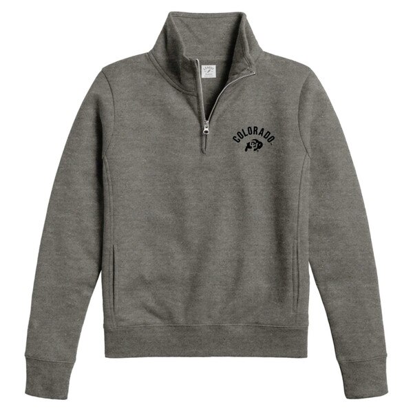 A gray quarter zip with arched colorado writing in the left upper corner with a buffalo logo underneath.