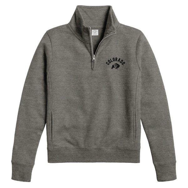 A gray quarter zip with arched colorado writing in the left upper corner with a buffalo logo underneath.