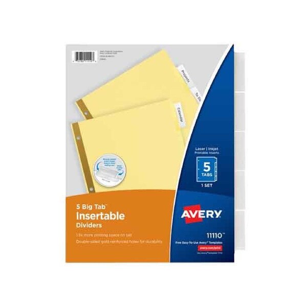 Avery 11110 Big Tab Insertable Dividers, 5-tab set with double-sided gold-reinforced edges and extra-large tabs for easy labeling.