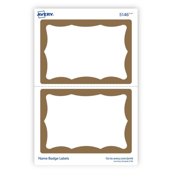 100 white name tags, with wavy golden border.