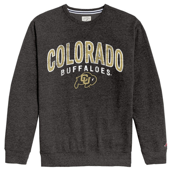A dark heathered gray crewneck with Colorado Buffaloes lettering and a C-U Buffalo logo on it.