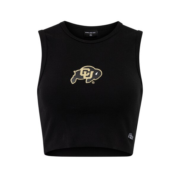 Front view of black cropped tank top with Colorado Buffaloes logo and crew neckline