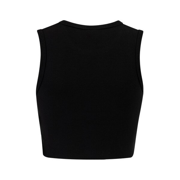 Back view of black cropped tank top with sleeveless design and crew neckline