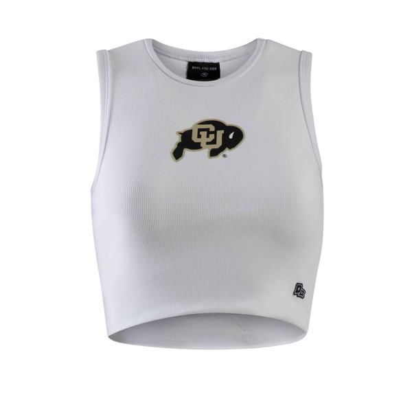A ribbed white cropped tank with an embroidered C-U Buffalo logo on the center front.