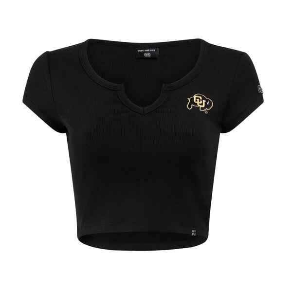 A black crop top with a v shaped cut out in the neckline, and the CU Buffalo logo on the left chest.