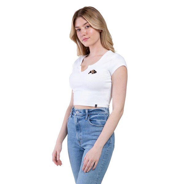 A white crop top with a v shaped cut out in the neckline, and the CU Buffalo logo on the left chest.