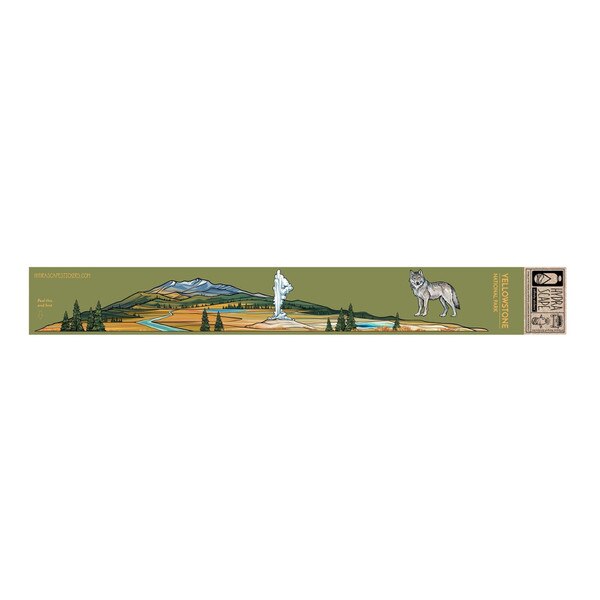 Panoramic Yellowstone National Park sticker with a geyser, mountains, trees, river, and illustrated wolf on an olive green background.