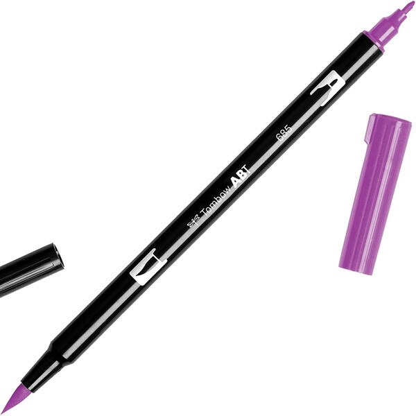Tombow ABT dual brush pen in purple with brush tip on one end and fine tip on the other, caps removed.