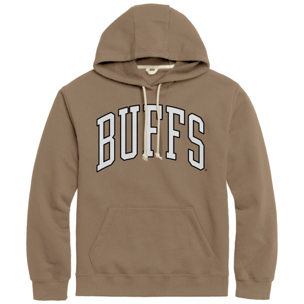 A brown drawstring hoodie with a large kanga pocket, featuring Buffs written on it in bold lettering.