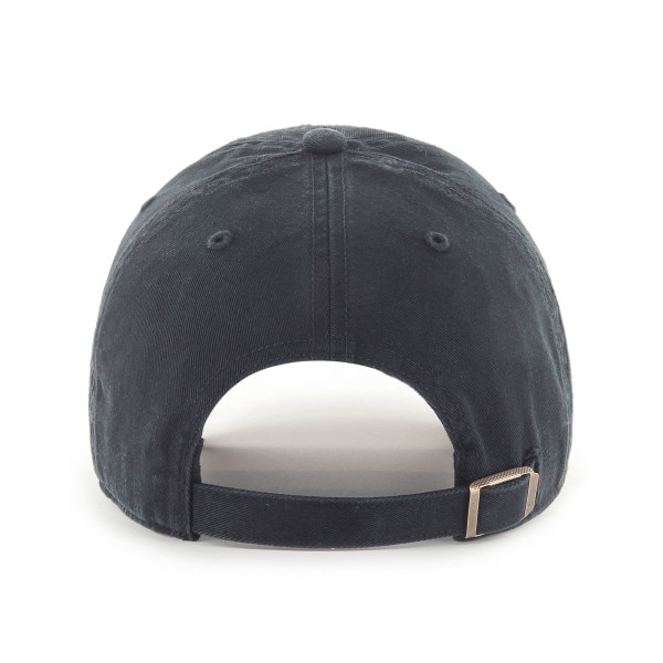 Back view of dark gray hat with adjustable strap and metal buckle closure